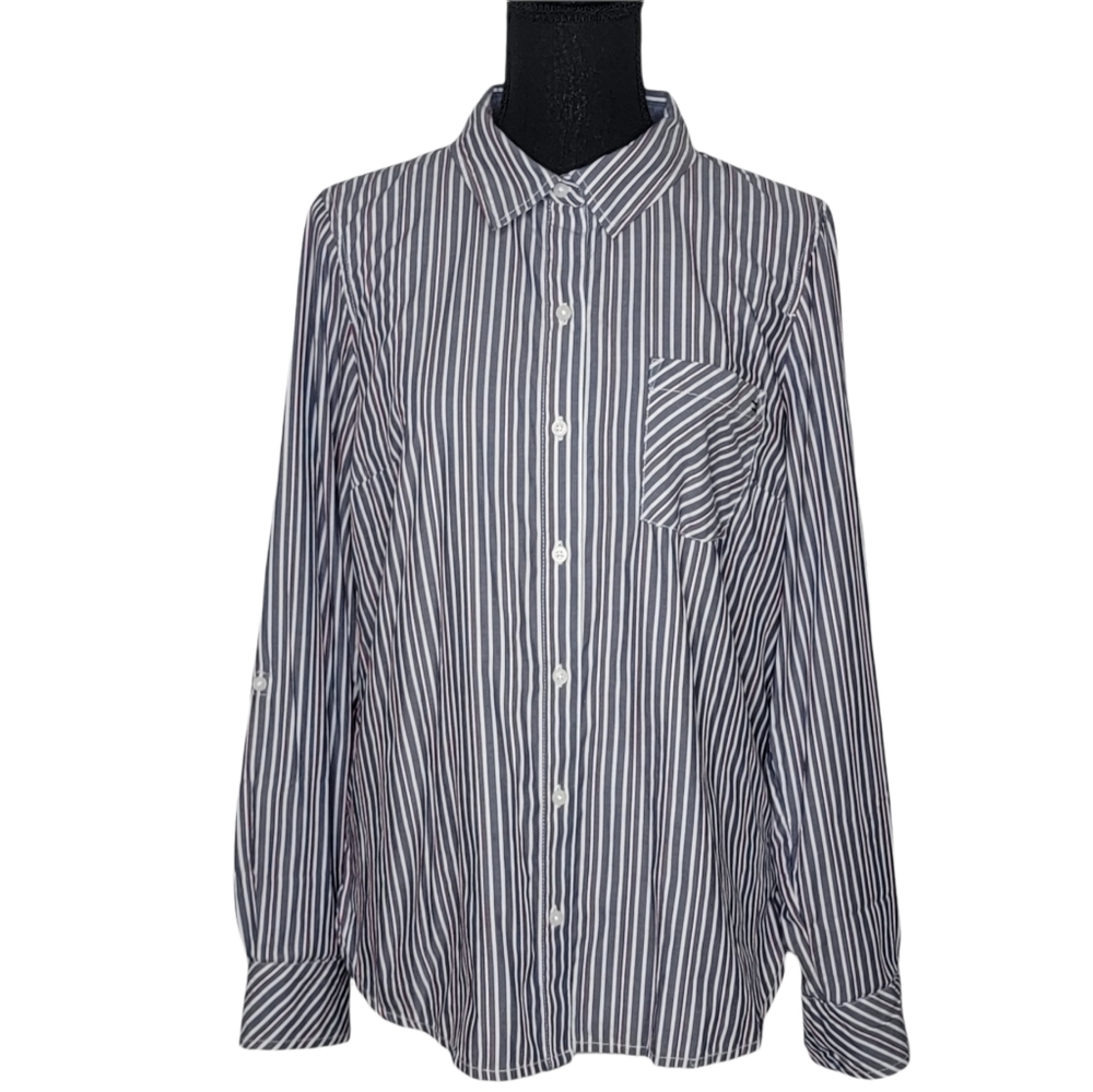 Tommy Hilfiger Women's Striped Roll Tab Button-Down Gray Sz M New